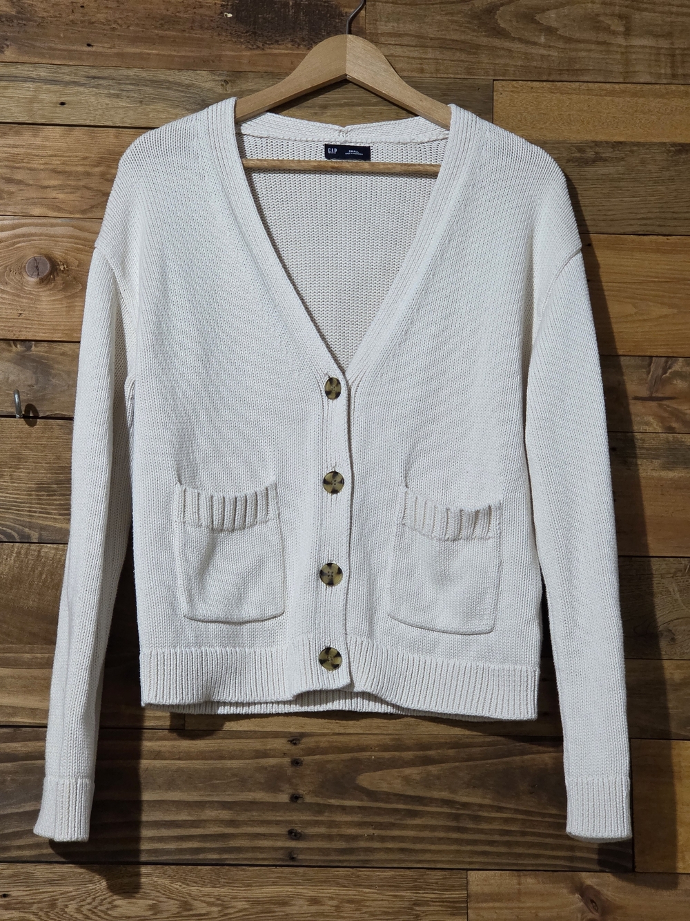 100% Cotton GAP Ivory/Cream V-Neck Cardigan Sweater Button Front Preppy S
